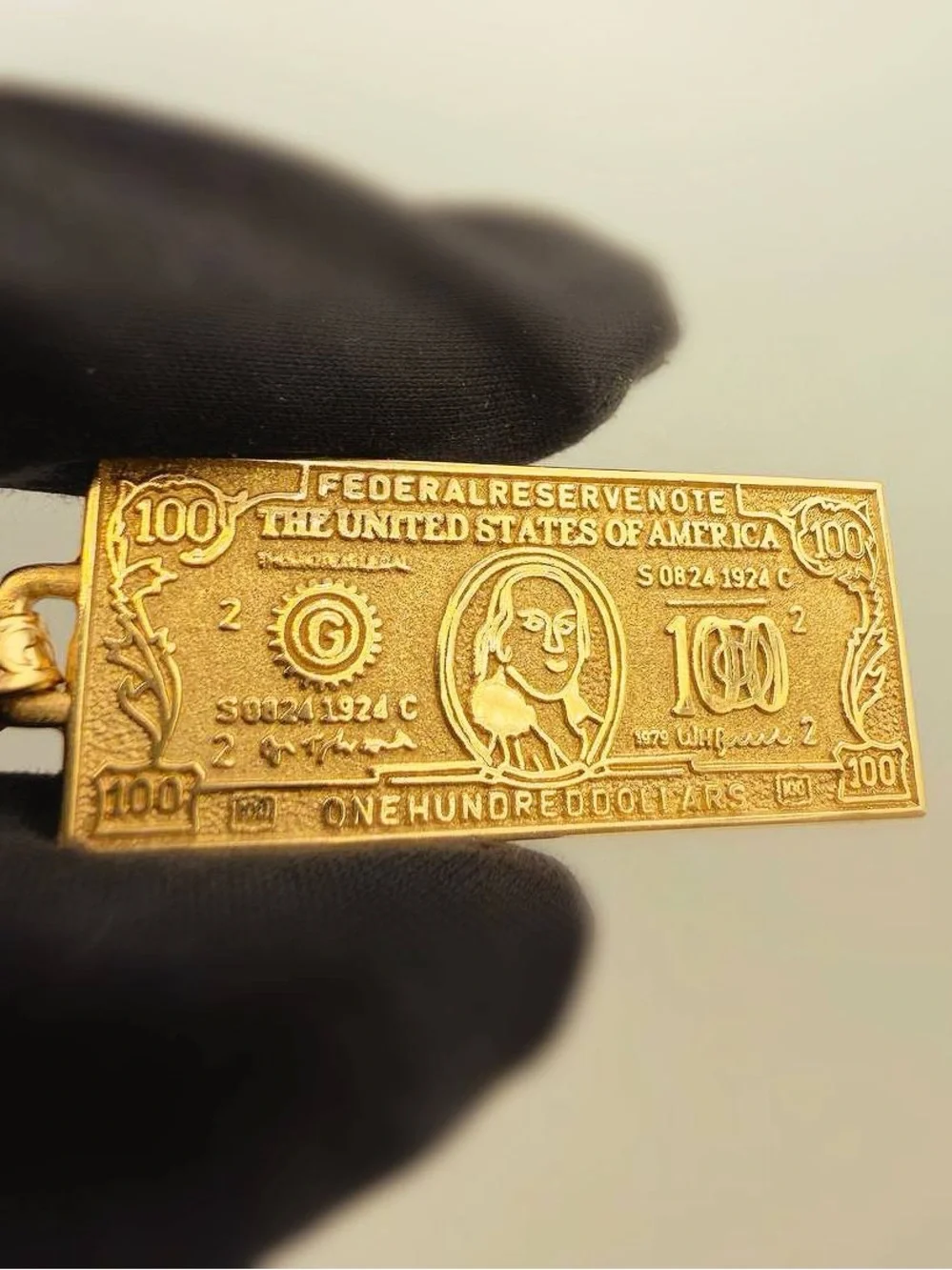 14k Solid Yellow Gold 100 Dollar Bill Money Banknote Charm Pendant Handmade